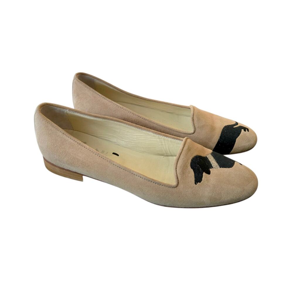 Preppy Susy Embroidered Dachshund Dog Loafers Beige Black Suede Italy 38.5
